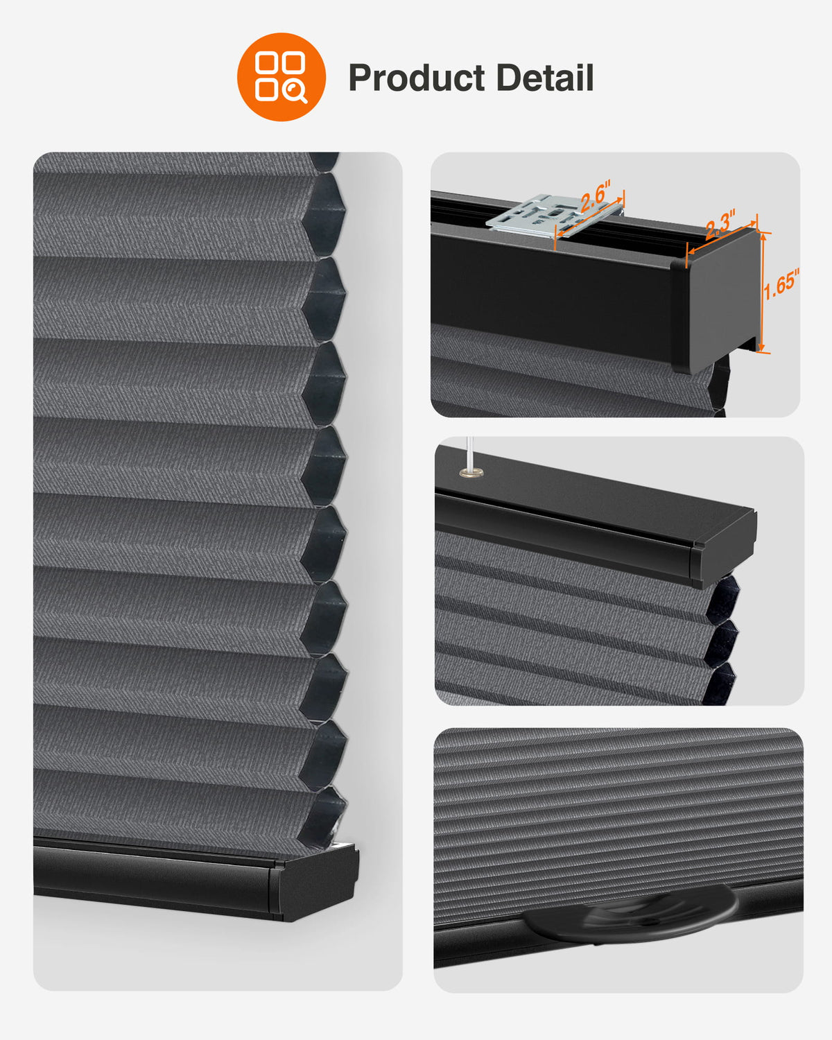 Dark gray top-down bottom-up cellular honeycomb shade: headrail, fabric and bottom rail details