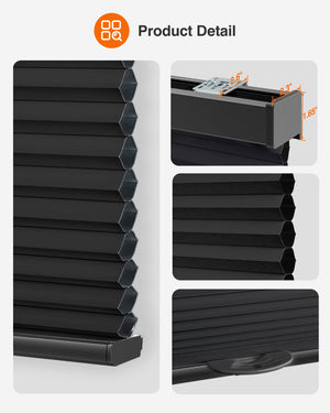 Black cellular honeycomb shade: headrail, fabric and bottom rail details