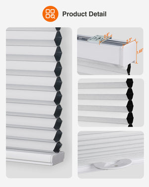 White cellular honeycomb shade: headrail, fabric and bottom rail details