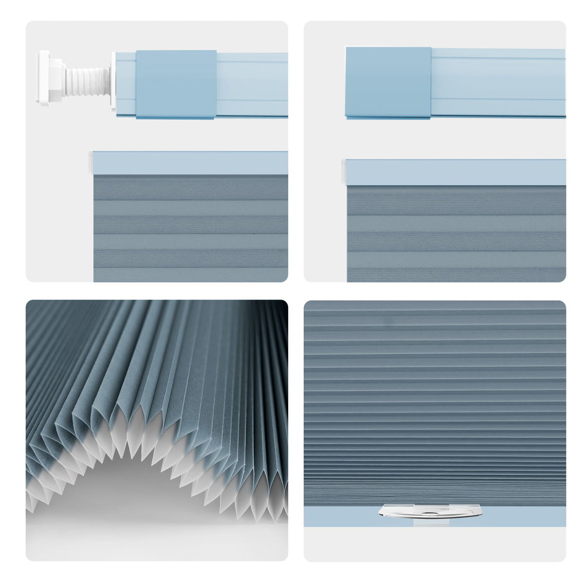 Blue top-down bottom-up no-drill cellular honeycomb shade: headrail, fabric and bottom rail details