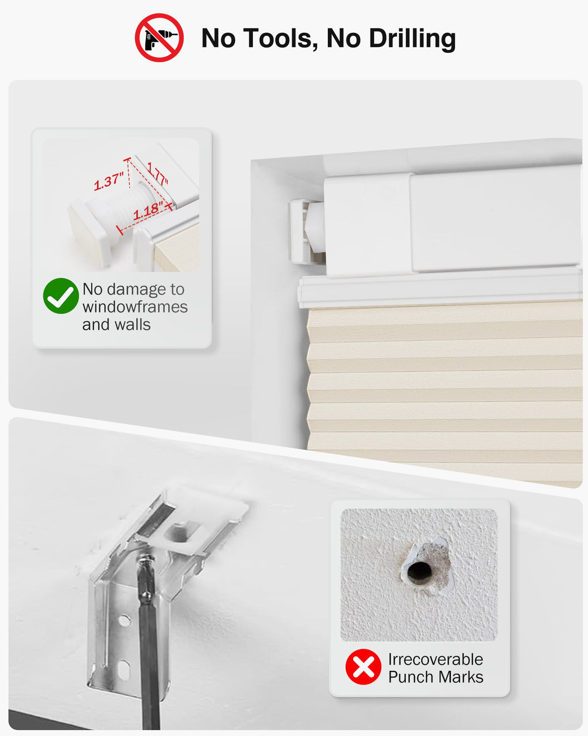 Cream top-down bottom-up no-drill cellular honeycomb shade: no-drill mounting hardware comparison