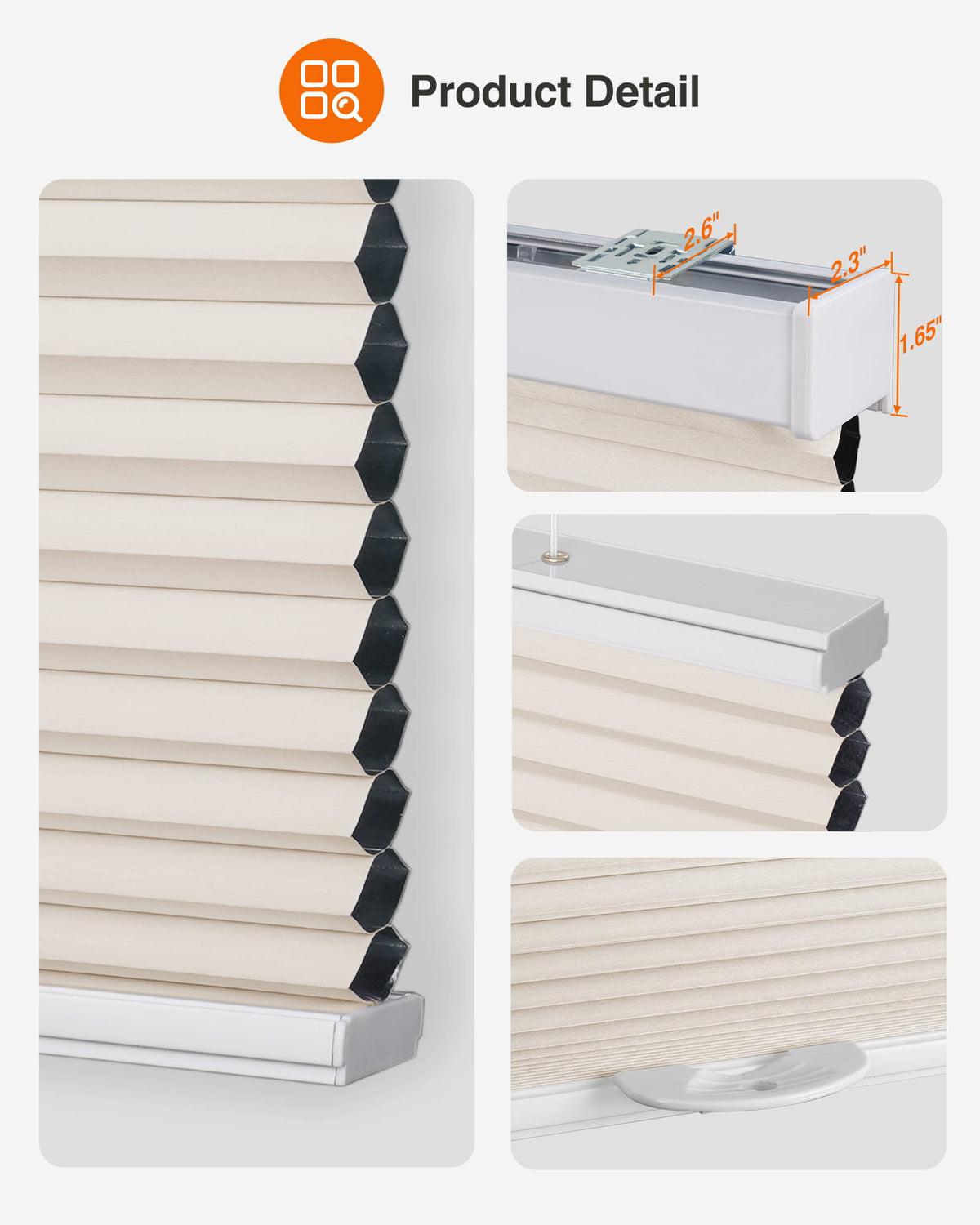 Cream top-down bottom-up cellular honeycomb shade: headrail, fabric and bottom rail details