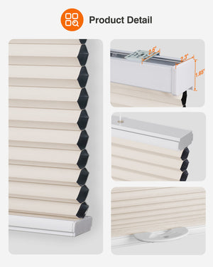 Cream top-down bottom-up cellular honeycomb shade: headrail, fabric and bottom rail details