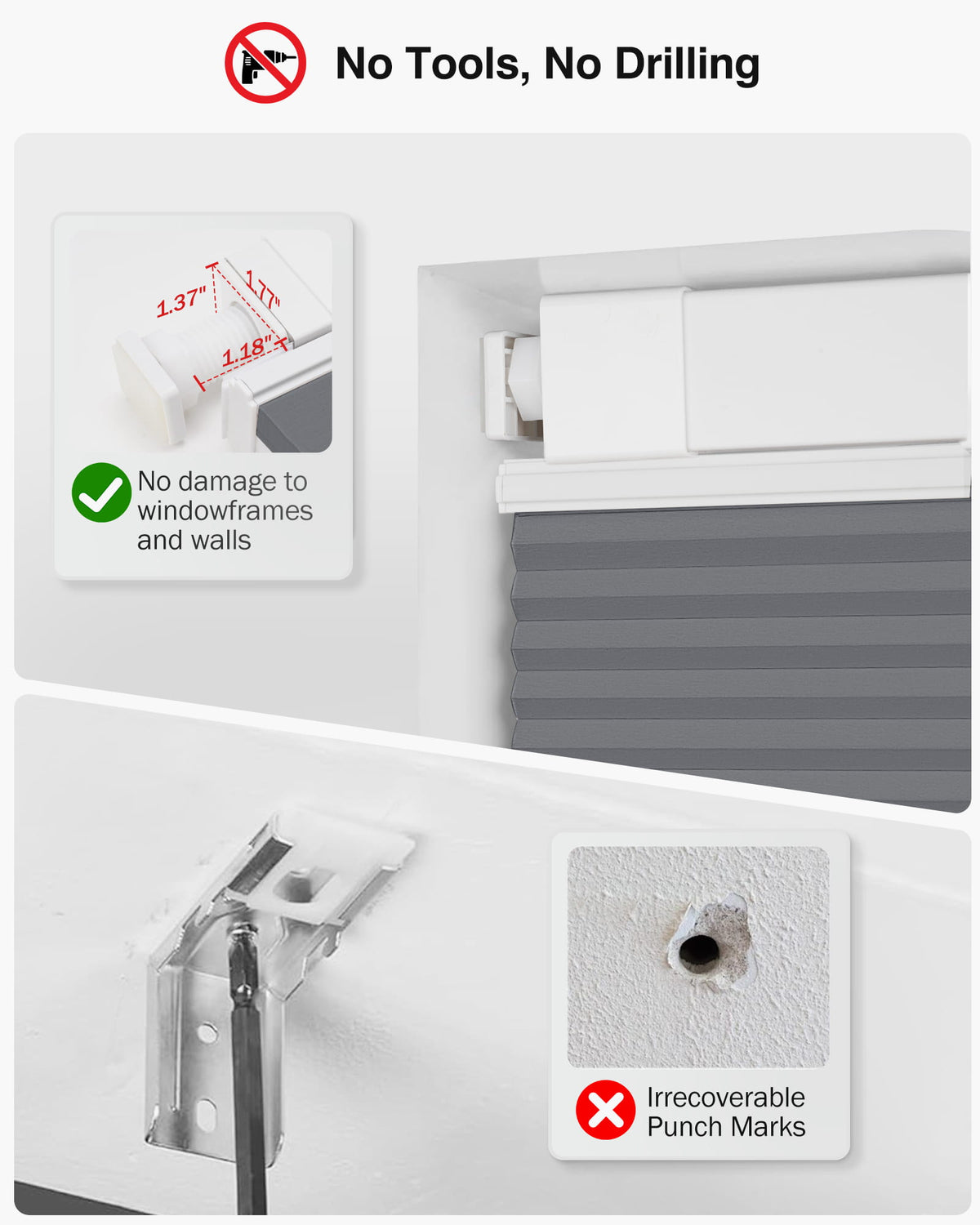 Dark gray top-down bottom-up no-drill cellular honeycomb shade: no-drill mounting hardware comparison