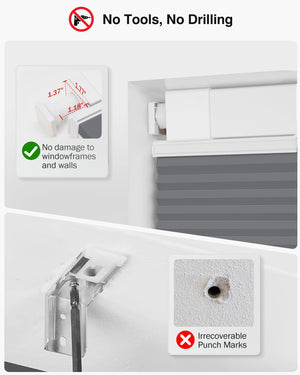 Dark gray top-down bottom-up no-drill cellular honeycomb shade: no-drill mounting hardware comparison