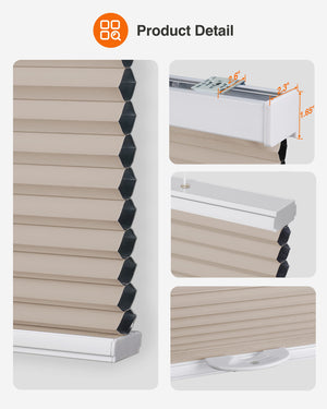 Taupe top-down bottom-up cellular honeycomb shade: headrail, fabric and bottom rail details