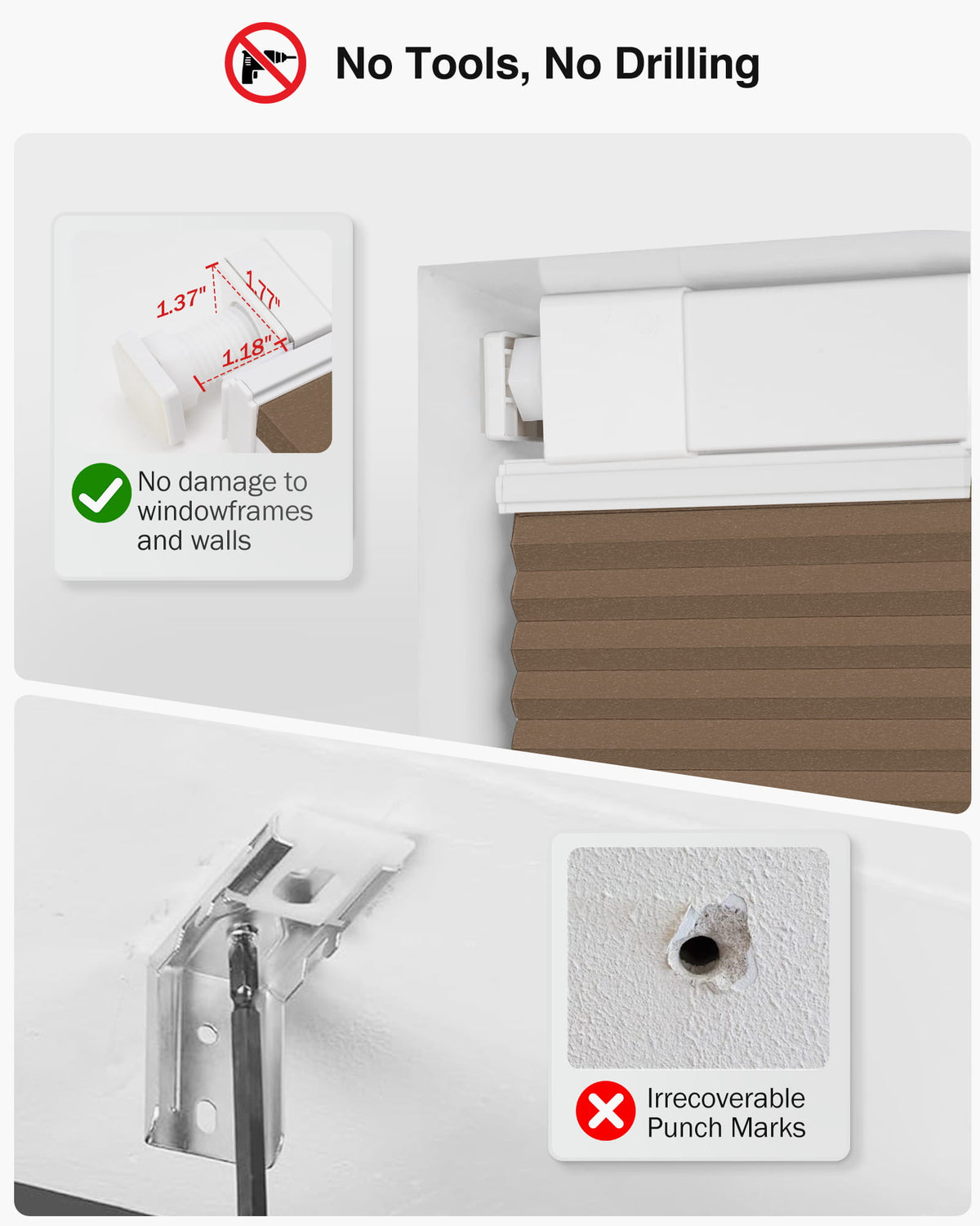 Brown top-down bottom-up no-drill cellular honeycomb shade: no-drill mounting hardware comparison