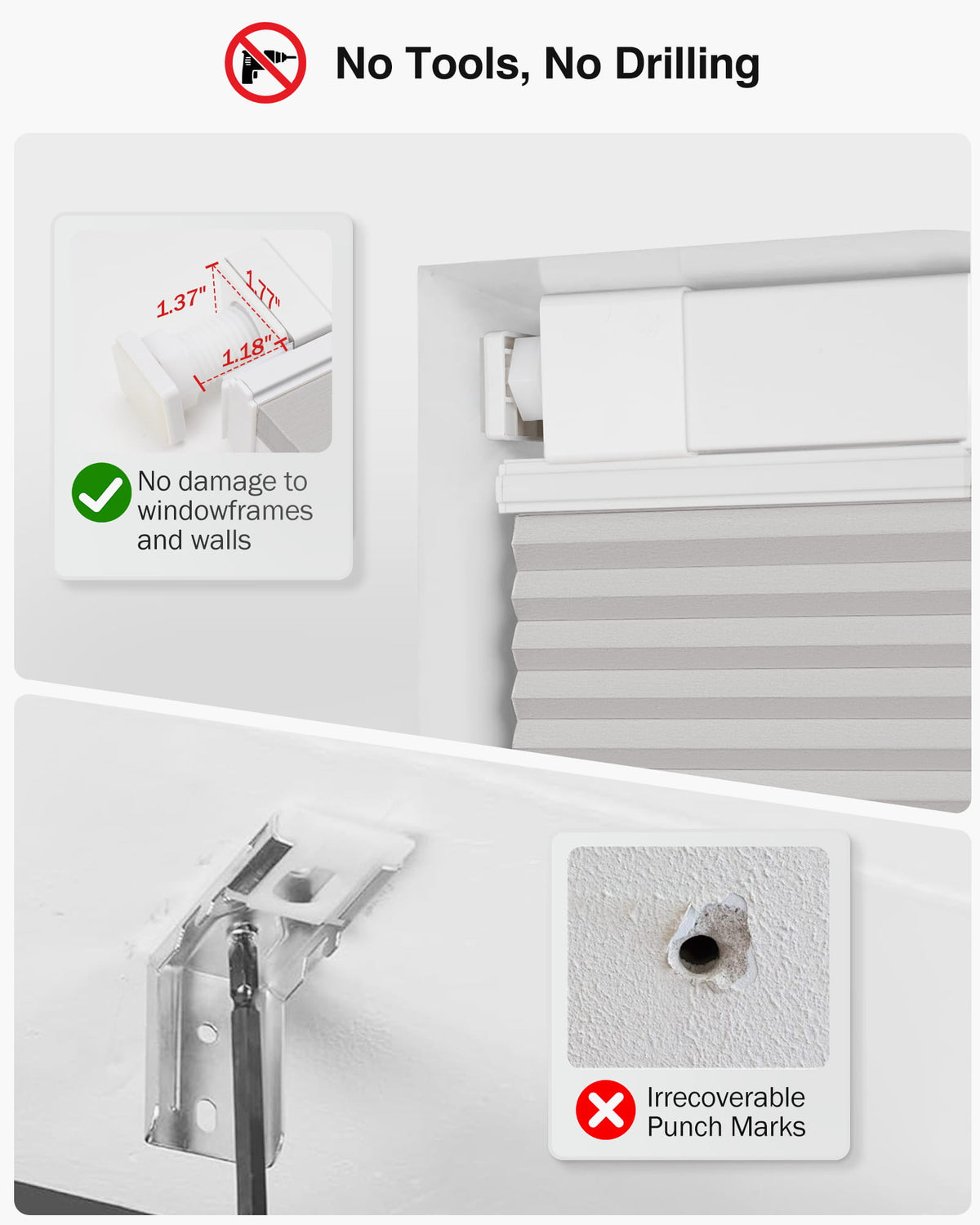 Gray top-down bottom-up no-drill cellular honeycomb shade: no-drill mounting hardware comparison