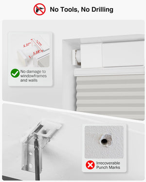 Gray top-down bottom-up no-drill cellular honeycomb shade: no-drill mounting hardware comparison