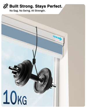 Blue top-down bottom-up no-drill cellular honeycomb shade: headrail shown with hanging weights