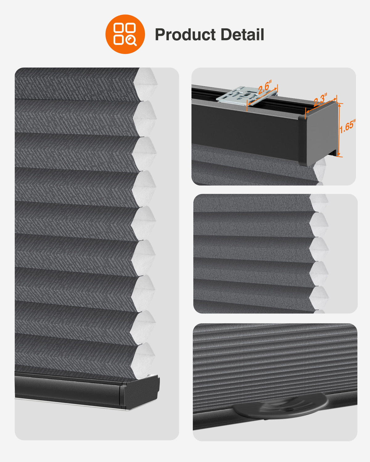 Dark gray cellular honeycomb shade: headrail, fabric and bottom rail details