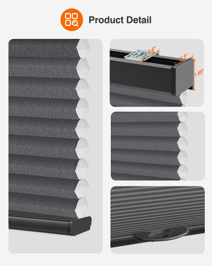 Dark gray cellular honeycomb shade: headrail, fabric and bottom rail details