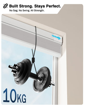 Gray top-down bottom-up no-drill cellular honeycomb shade: headrail shown with hanging weights