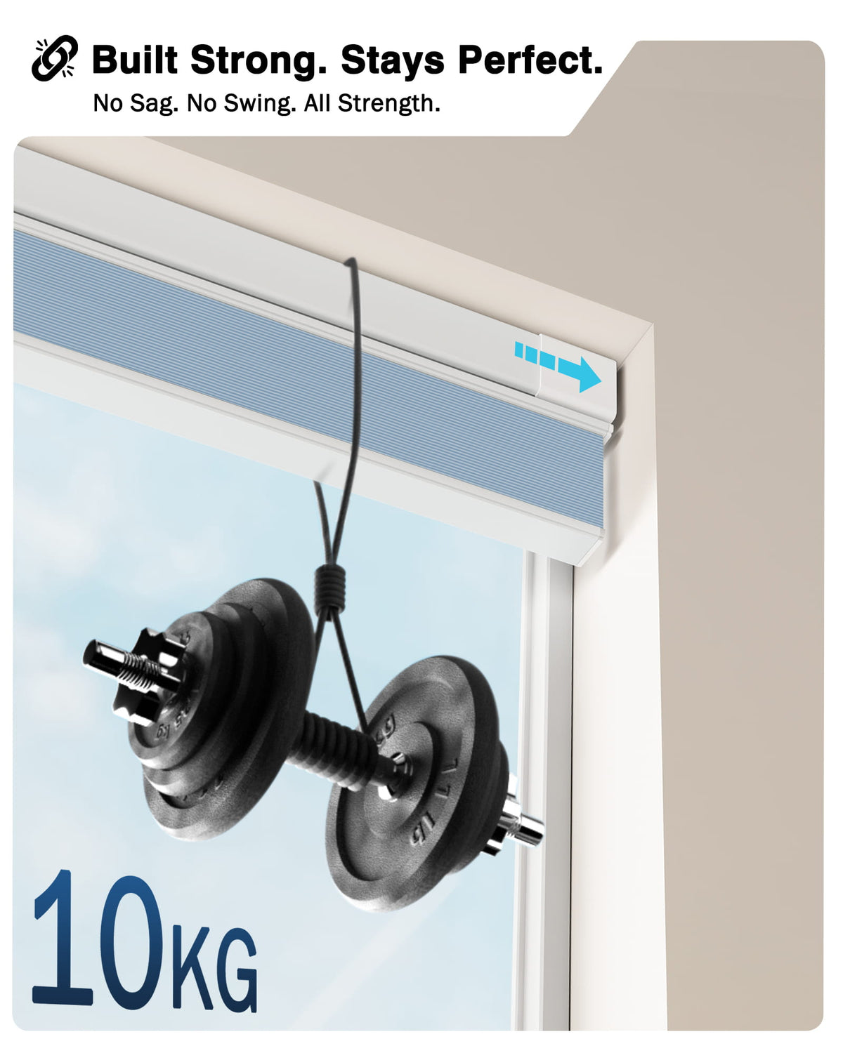 Blue top-down bottom-up no-drill cellular honeycomb shade: headrail shown with hanging weights