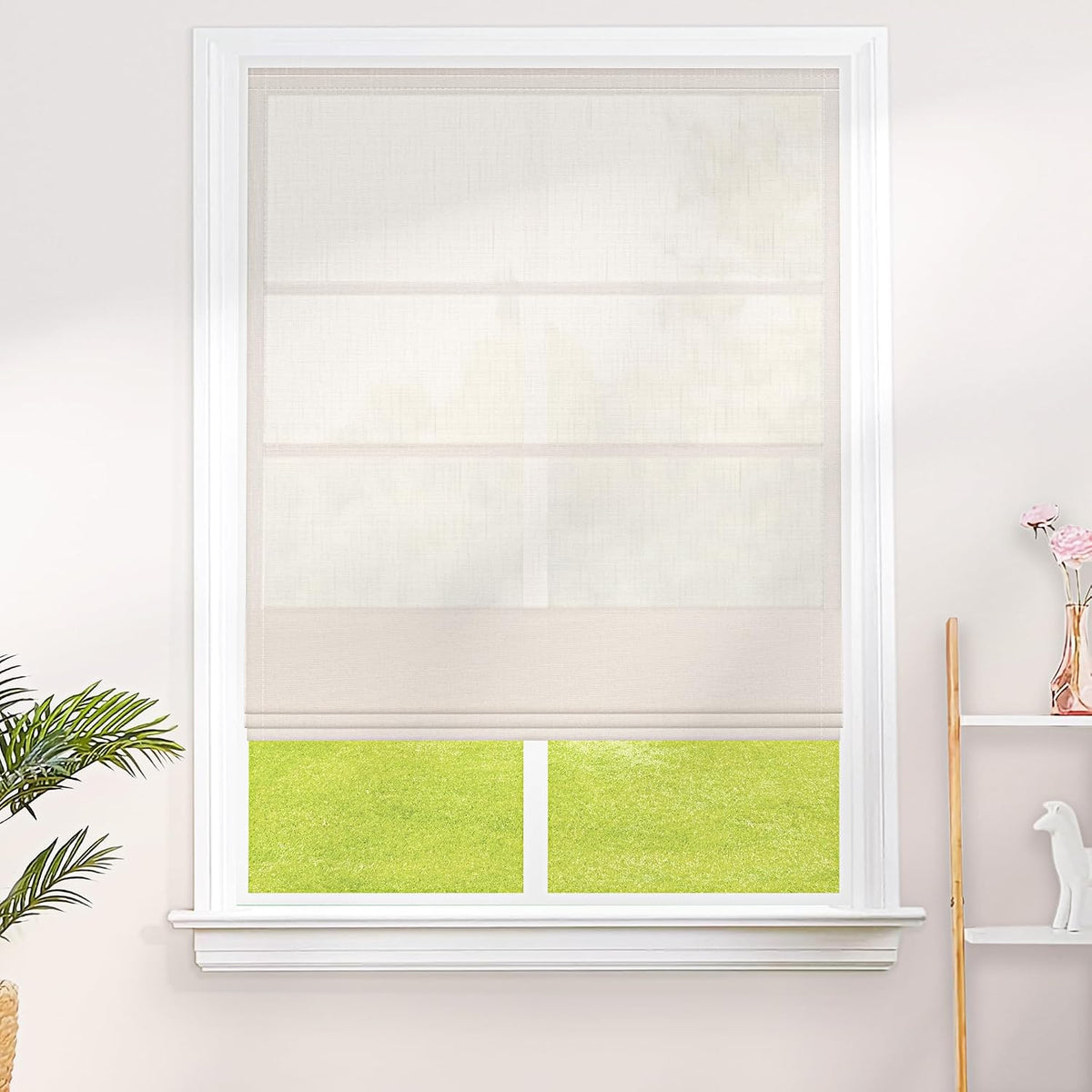 Linen-colored Roman shade: on a window