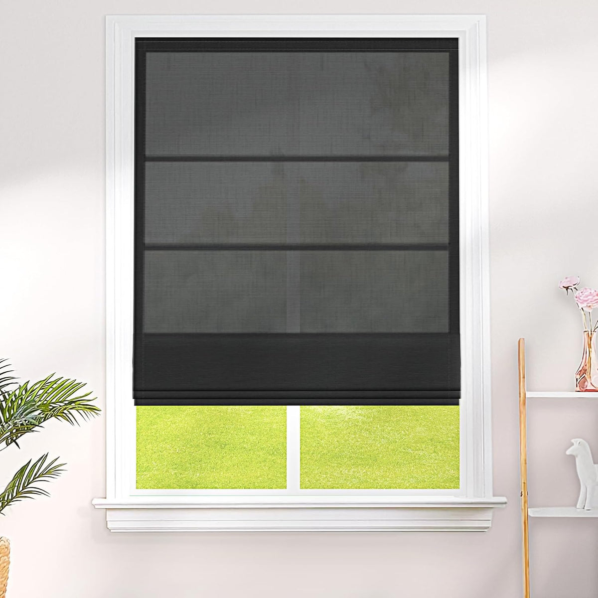 BM series Roman shade fabric shown on a window