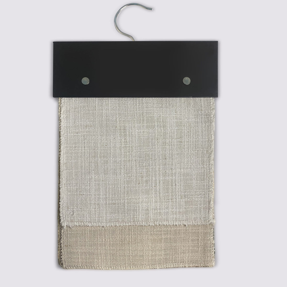 RM series Roman shade fabric swatches on a sample hanger
