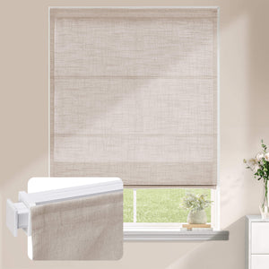 NM series Roman shade fabric shown on a window with a fabric detail inset