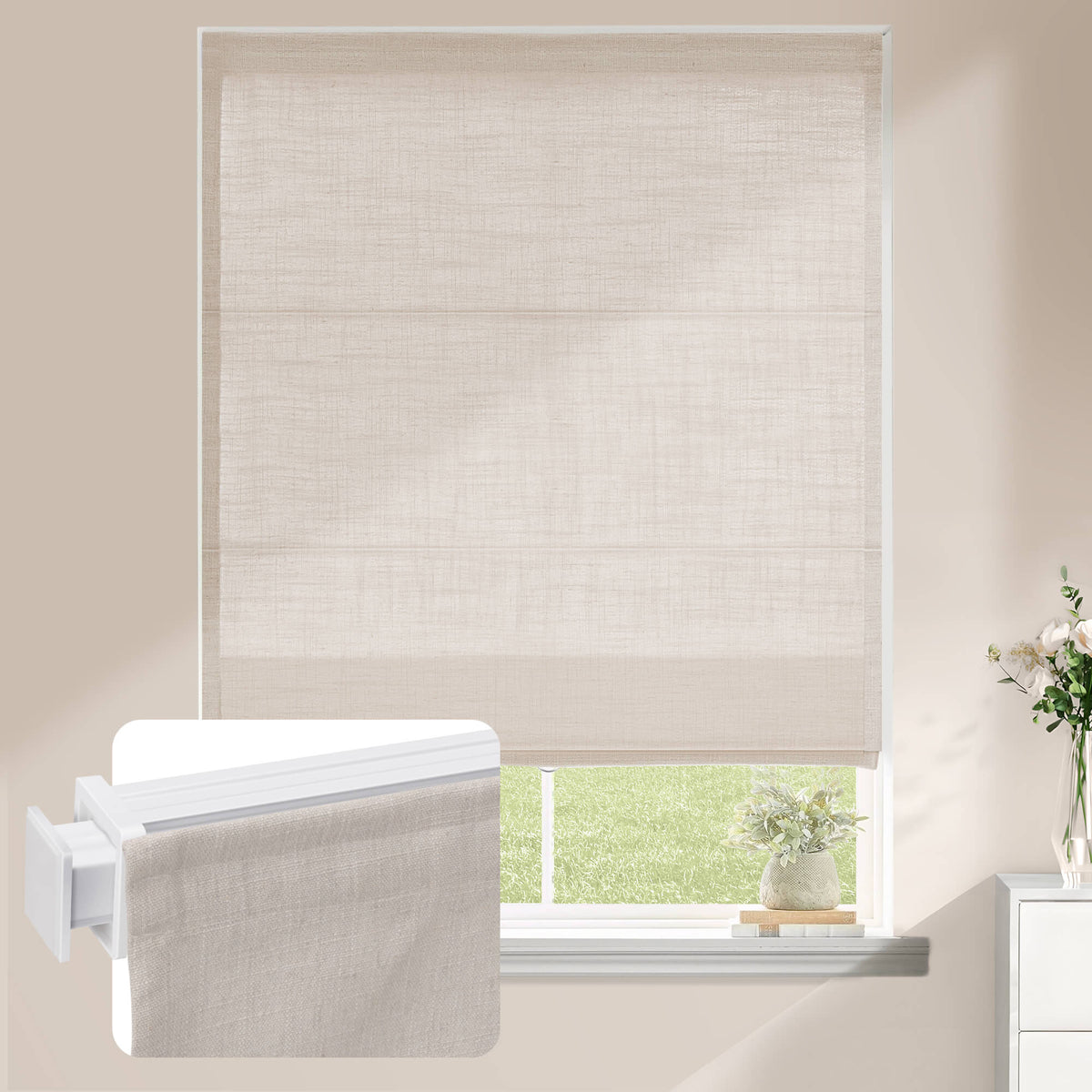 Linen-colored no-drill Roman shade: on a window