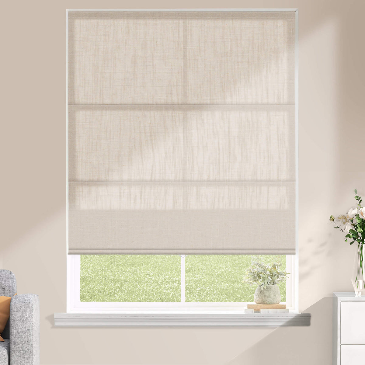 Linen-colored Roman shade: on a window