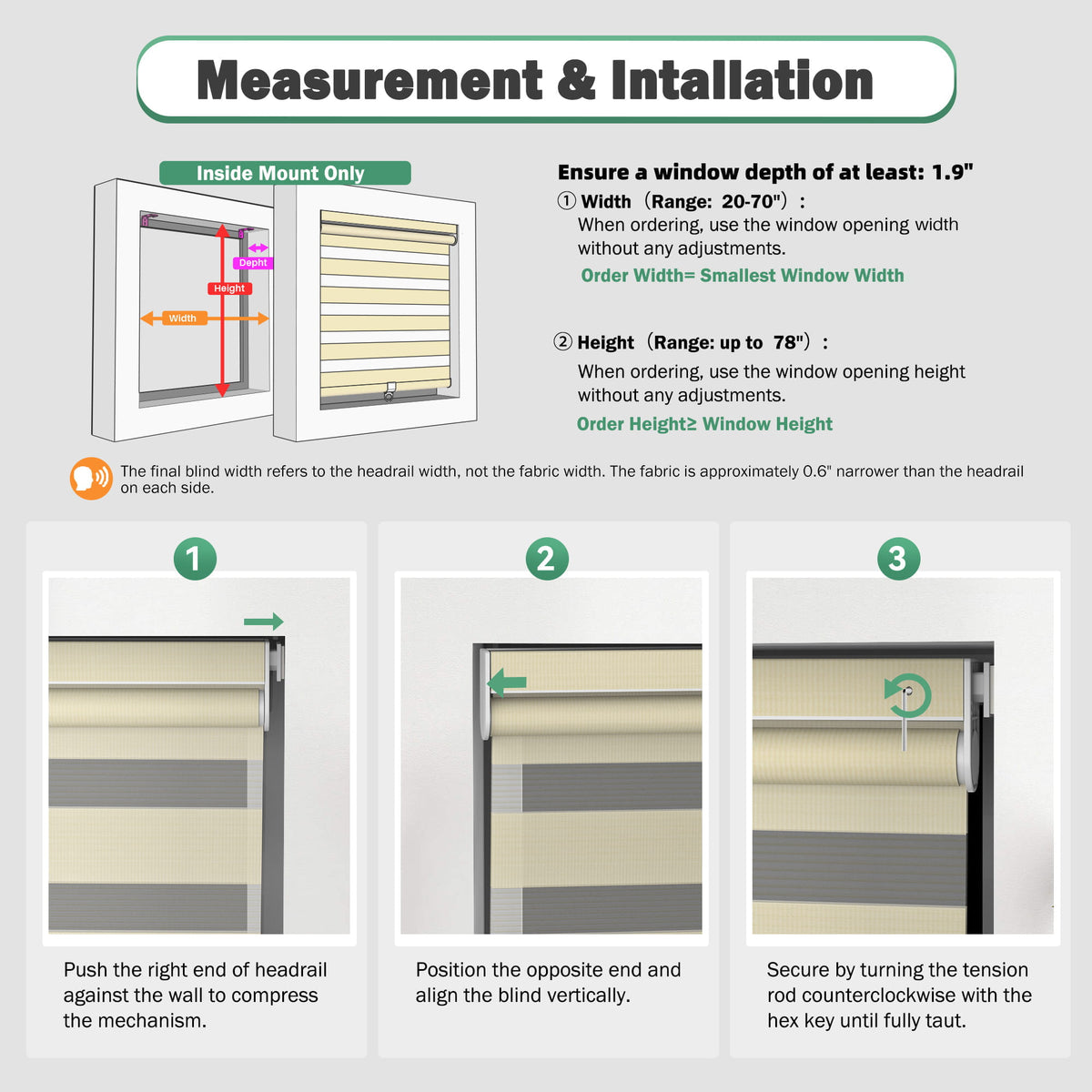 Measuring and installation guide for no-drill zebra blinds
