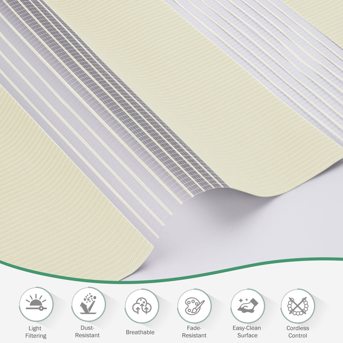 Cream no-drill zebra blind: folded fabric close-up