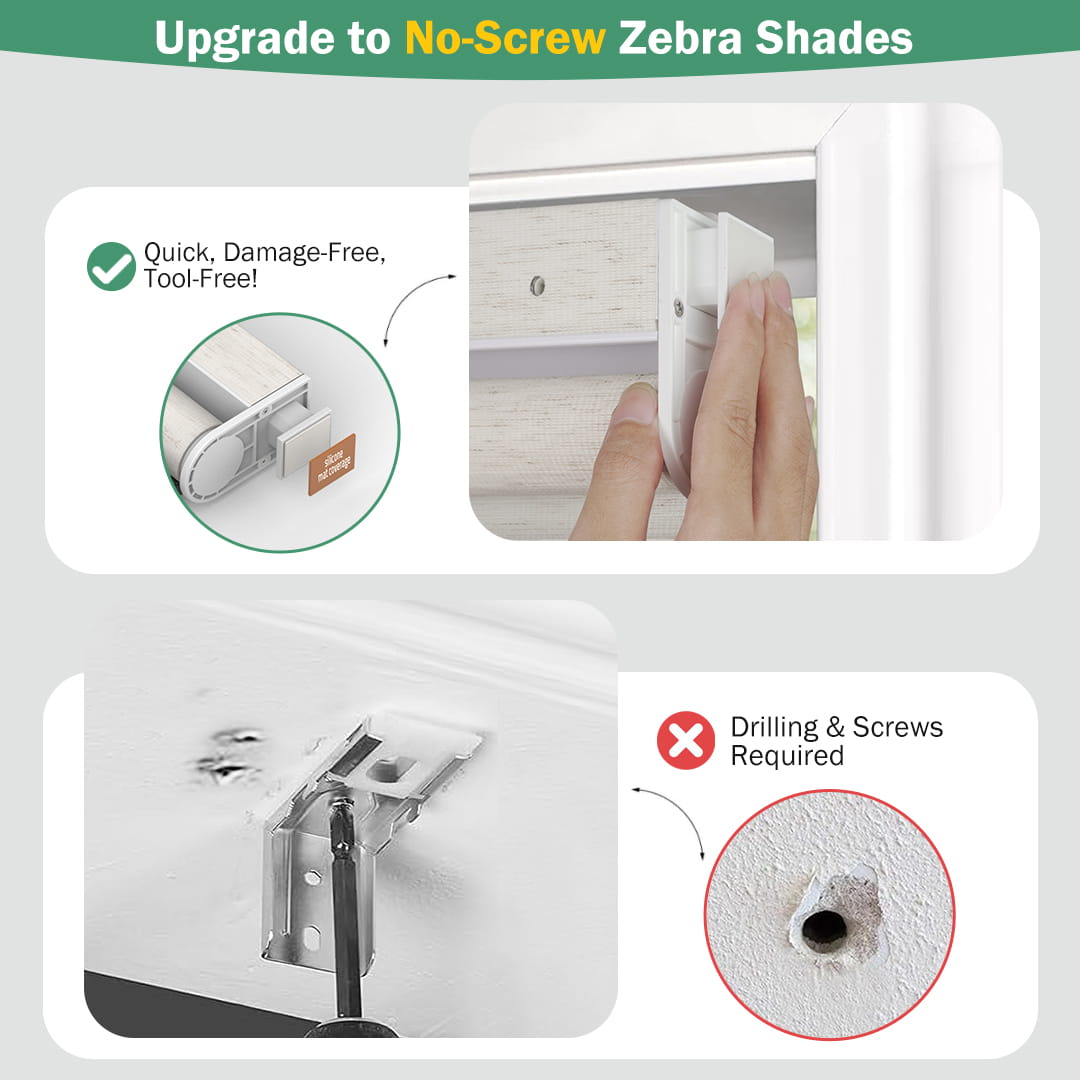 Cream no-drill zebra blind: no-drill mounting hardware comparison