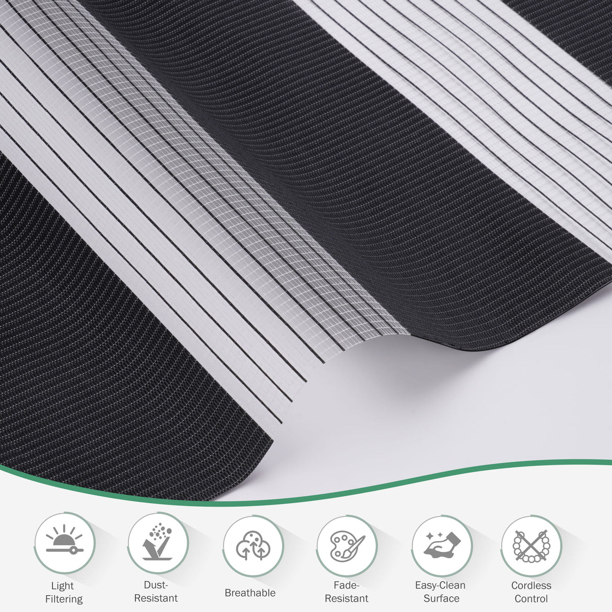 Black no-drill zebra blind: folded fabric close-up