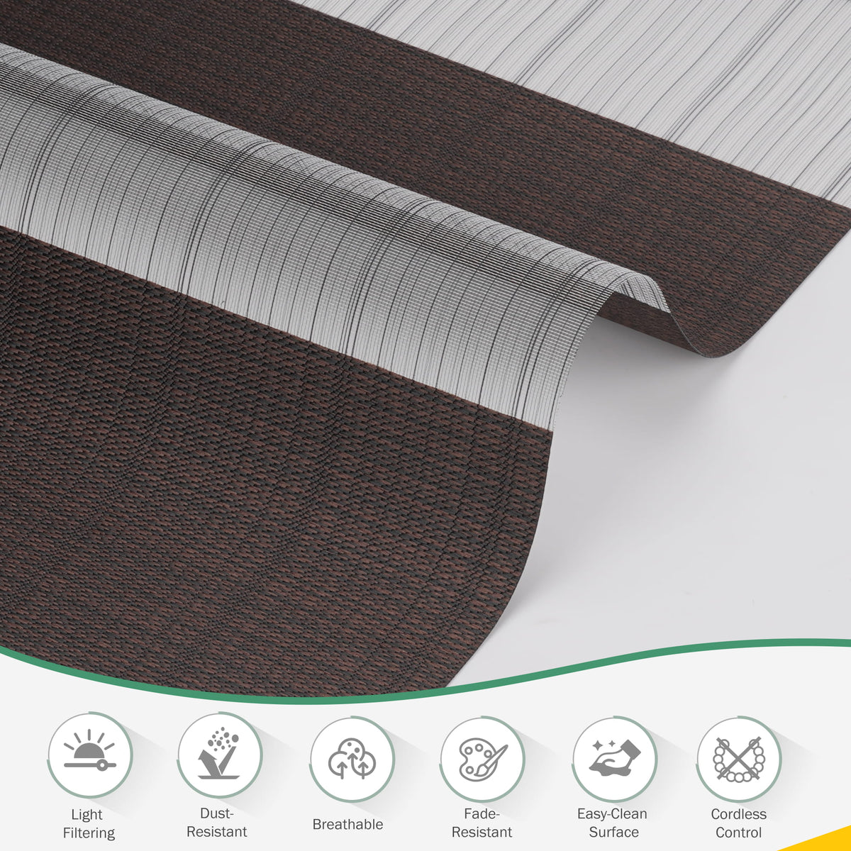 Dark brown no-drill zebra blind: folded fabric close-up