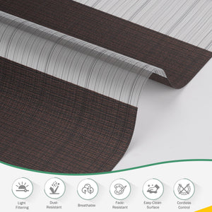 Dark brown no-drill zebra blind: folded fabric close-up