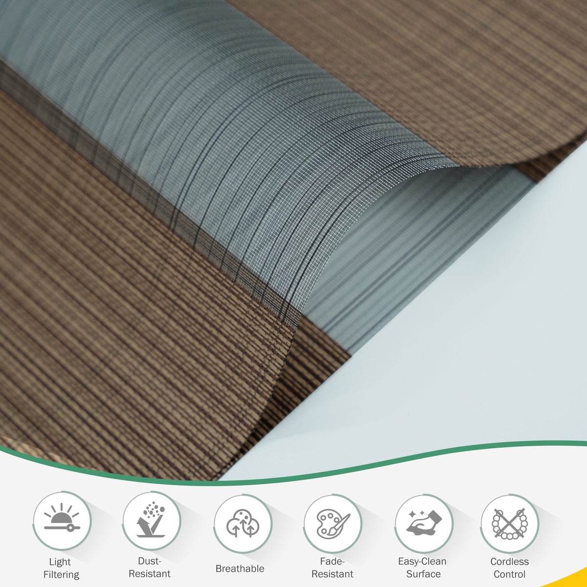Brown no-drill zebra blind: folded fabric close-up