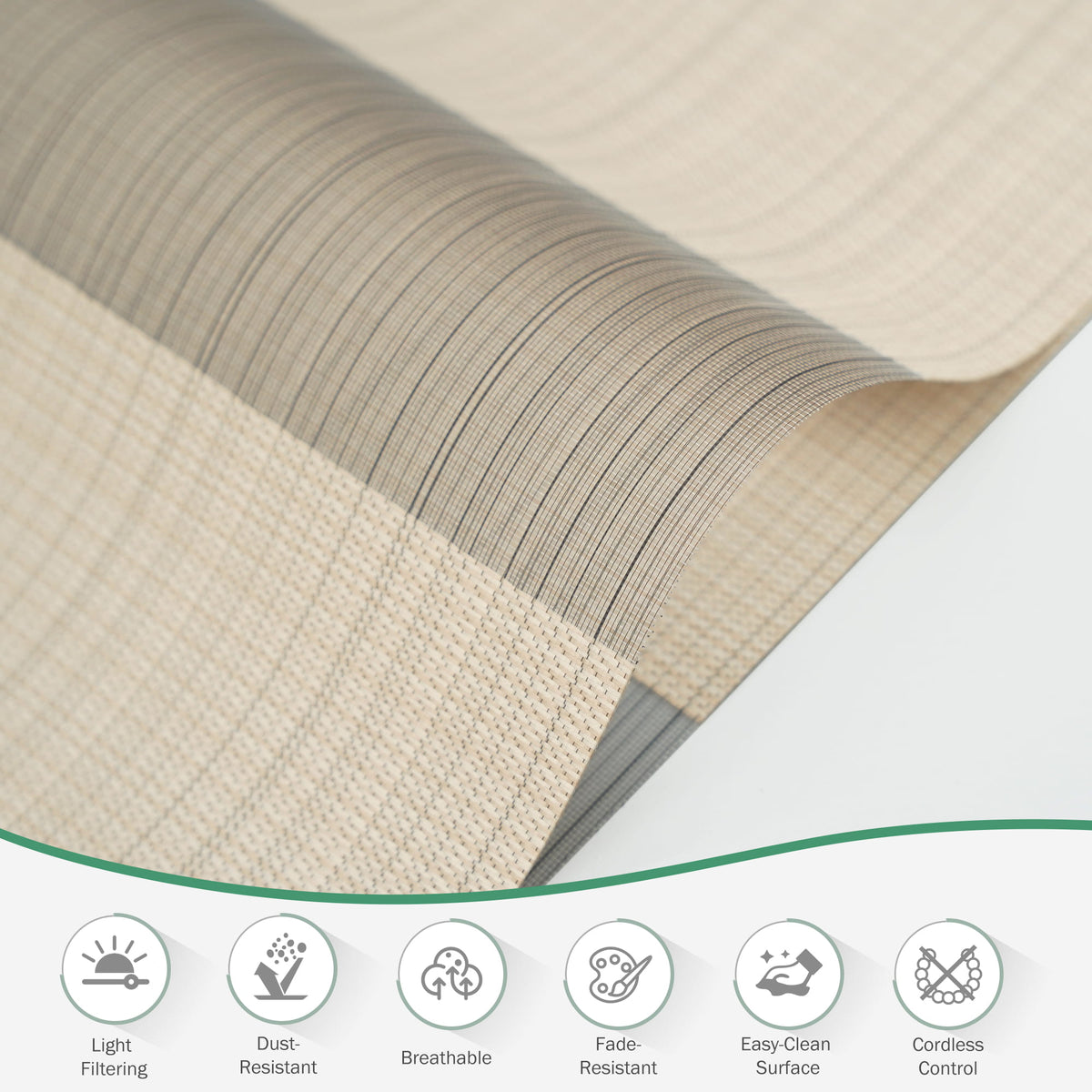 Tan no-drill zebra blind: folded fabric close-up