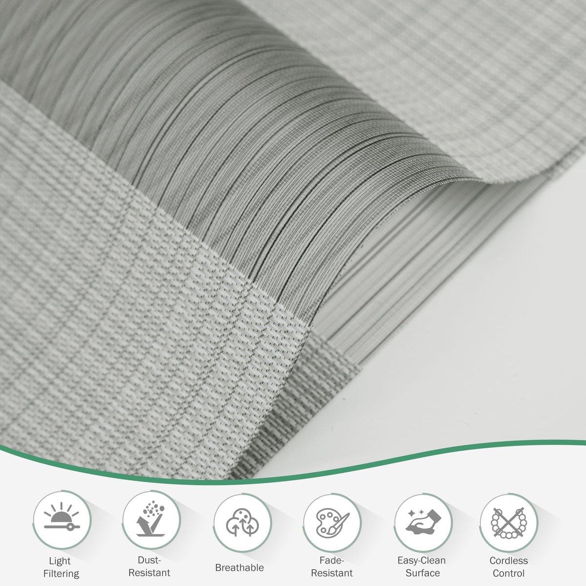 Gray no-drill zebra blind: folded fabric close-up