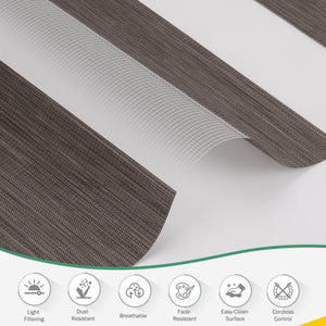 Dark brown no-drill zebra blind: folded fabric close-up