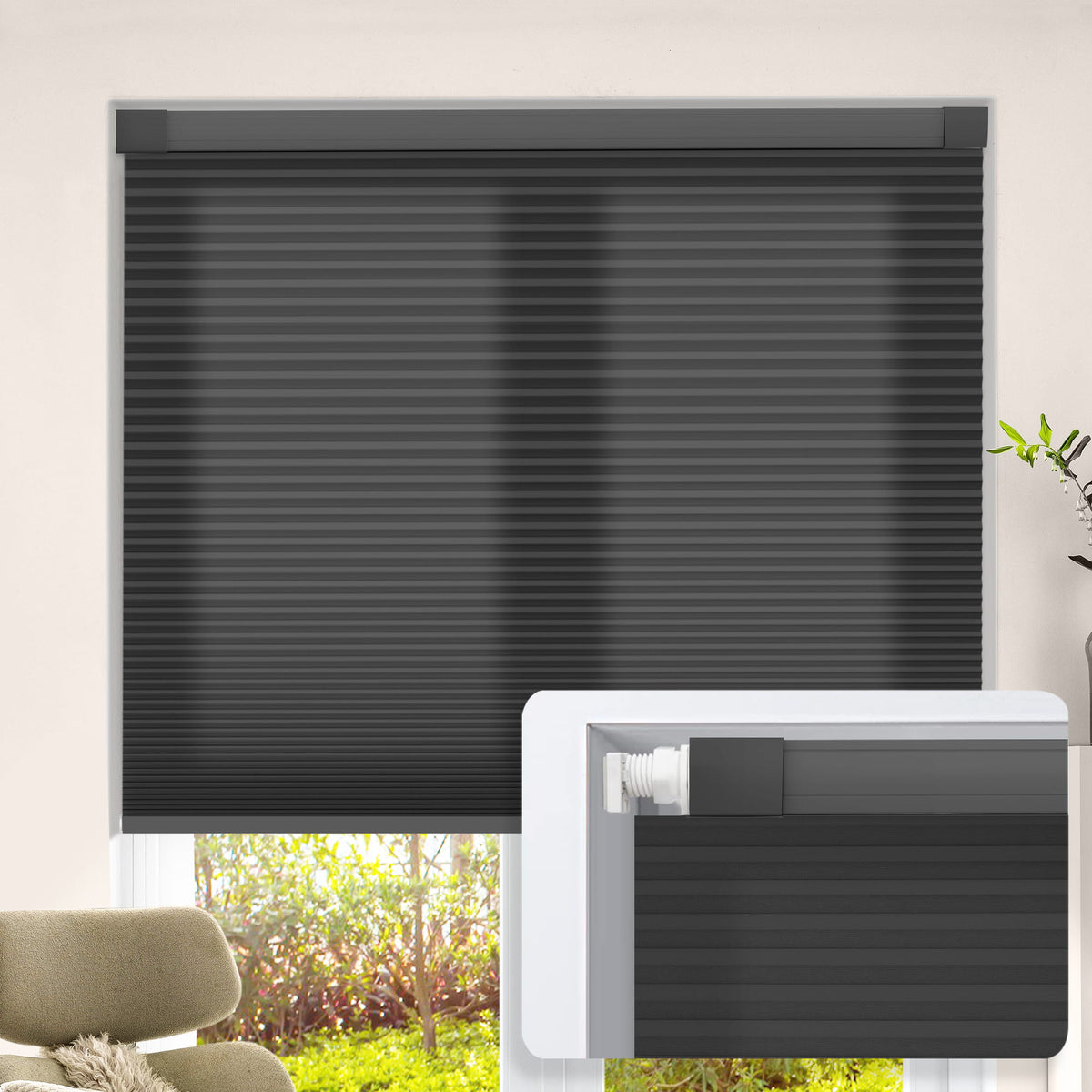 Black no-drill cellular honeycomb shade: on a window
