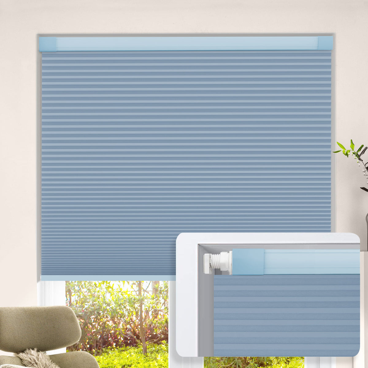 Blue no-drill cellular honeycomb shade: on a window
