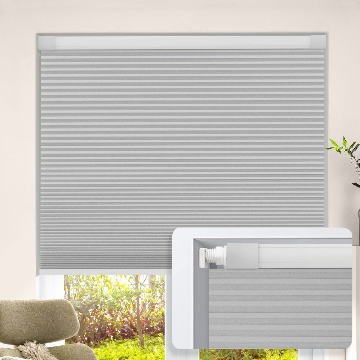 Light gray no-drill cellular honeycomb shade: on a window