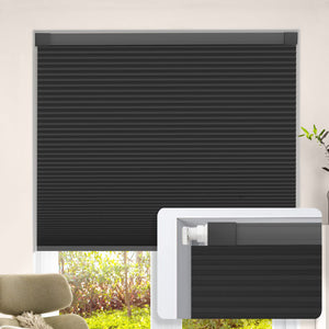 Black no-drill cellular honeycomb shade: on a window