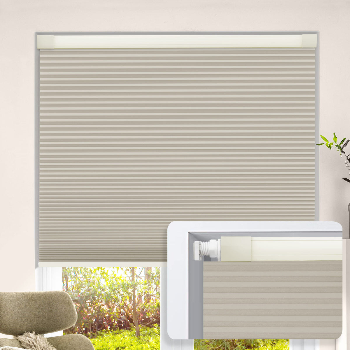 Beige no-drill cellular honeycomb shade: on a window