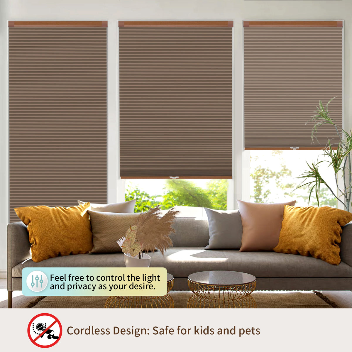Brown no-drill cellular honeycomb shade: above a window seat