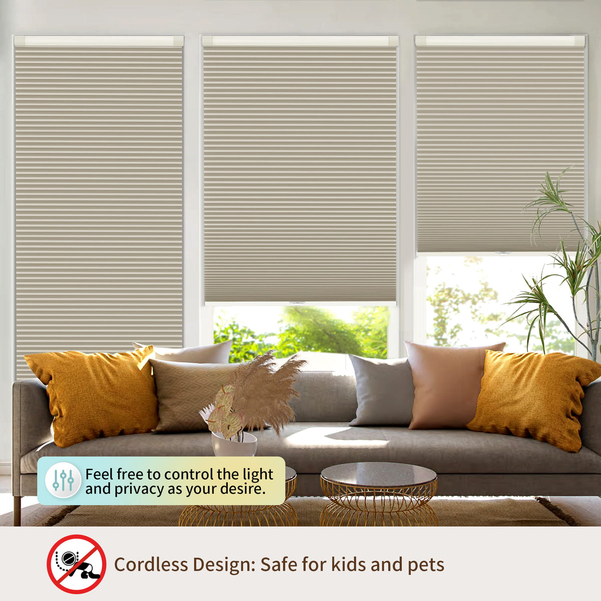 Beige no-drill cellular honeycomb shade: above a window seat