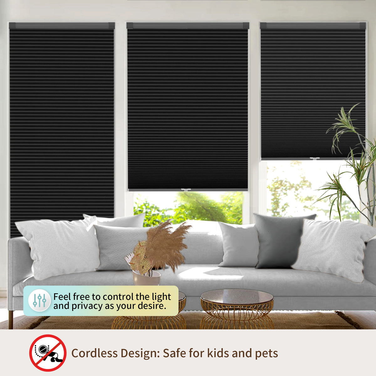 Black no-drill cellular honeycomb shade: above a window seat