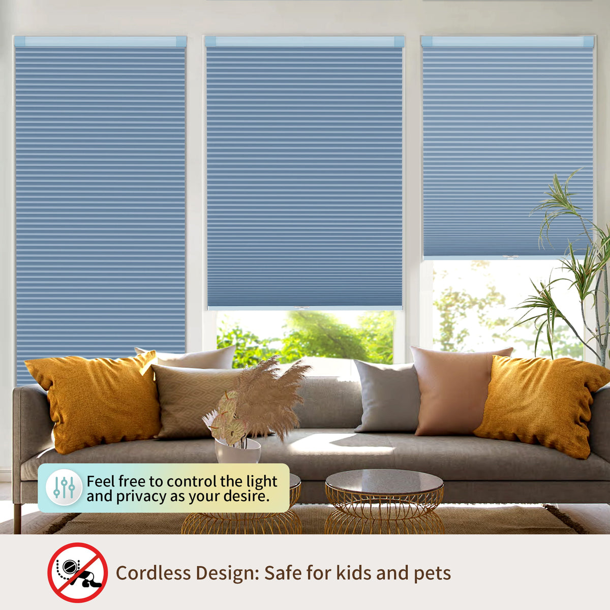 Blue no-drill cellular honeycomb shade: above a window seat