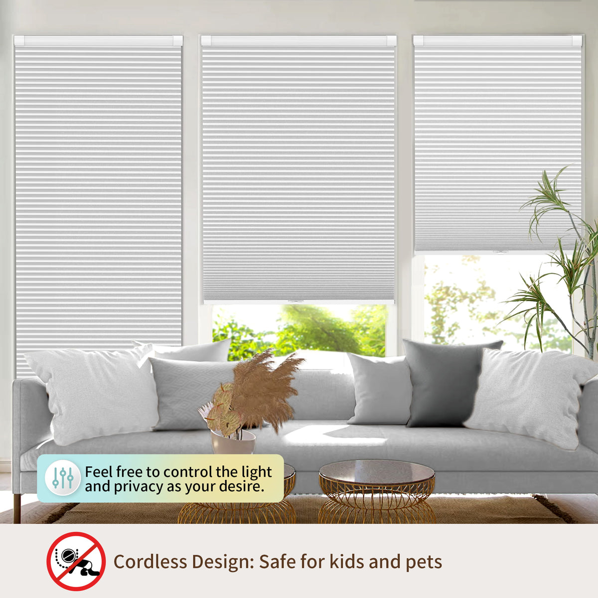 White no-drill cellular honeycomb shade: above a window seat
