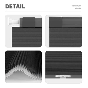 Black no-drill cellular honeycomb shade: headrail, fabric and bottom rail details
