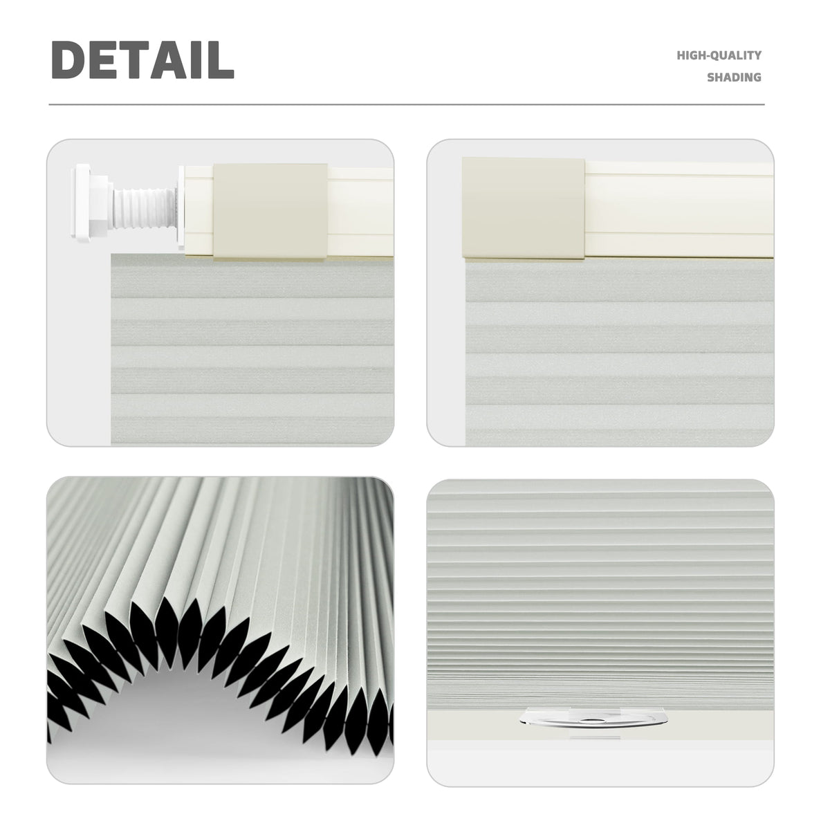 Off-white no-drill cellular honeycomb shade: headrail, fabric and bottom rail details