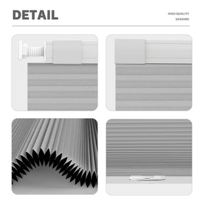 Light gray no-drill cellular honeycomb shade: headrail, fabric and bottom rail details
