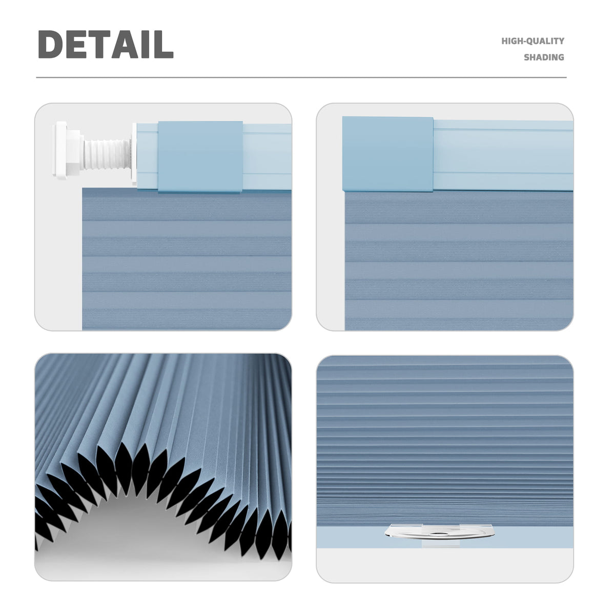 Blue no-drill cellular honeycomb shade: headrail, fabric and bottom rail details