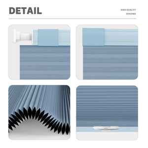 Blue no-drill cellular honeycomb shade: headrail, fabric and bottom rail details