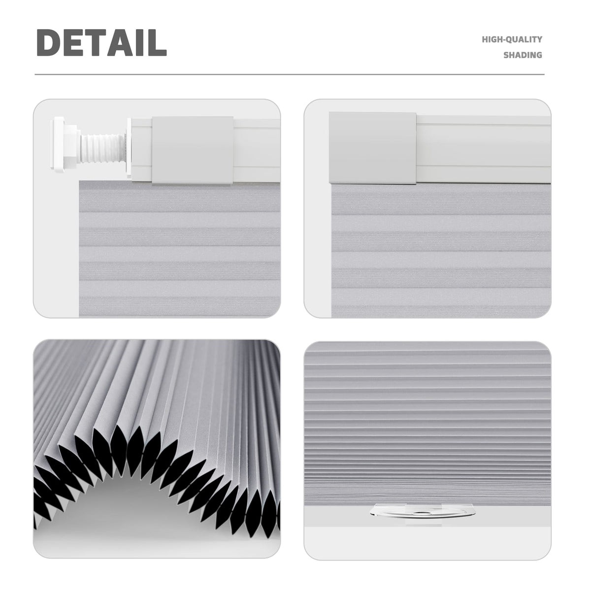 Gray no-drill cellular honeycomb shade: headrail, fabric and bottom rail details